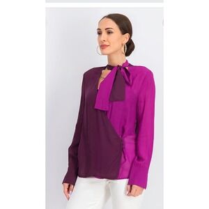 Mango Women Color Block Tie Neck Top, Purple Size 8